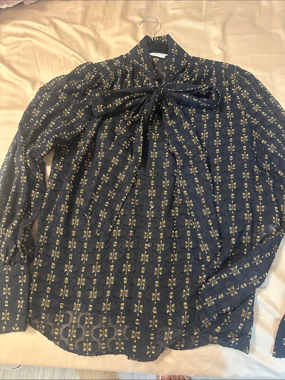 Brand new Women’s Black Sheer Bow-Neck Blouse with Gold Geometric Print